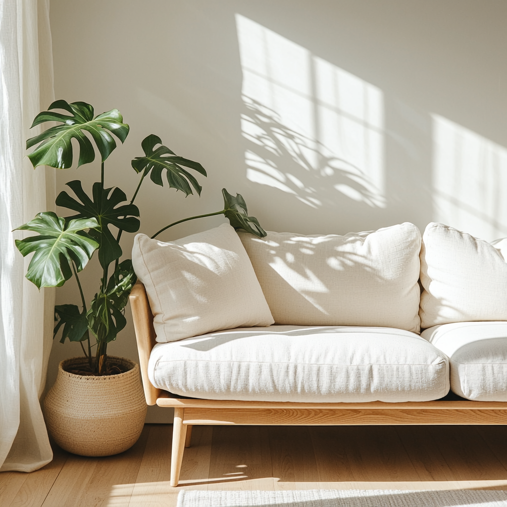 Cozy Scandinavian living room interior, natural daylight, oak wood, linen sofa, monstera plant, minimalist styling, wide 18mm lens, balanced composition, soft shadows, magazine photography.