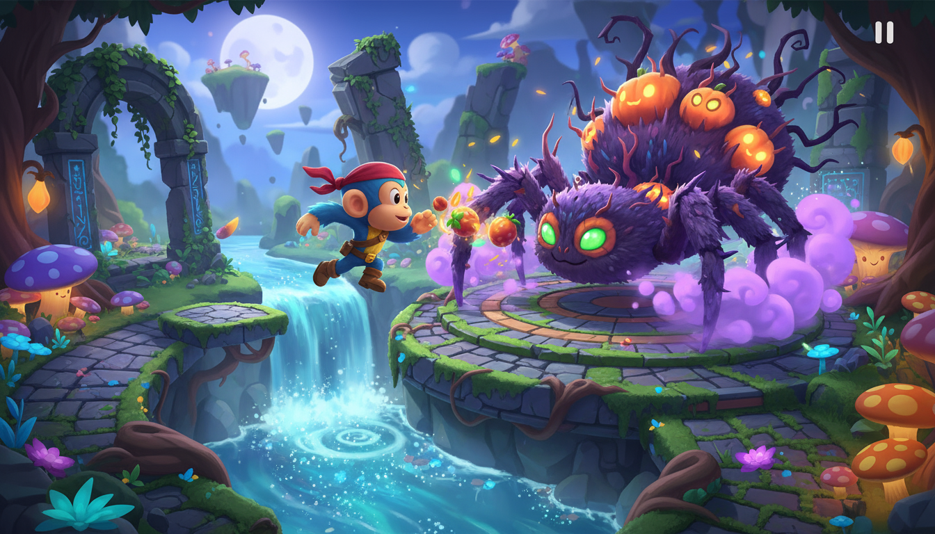 Boss battle level design with monkey hero versus spider