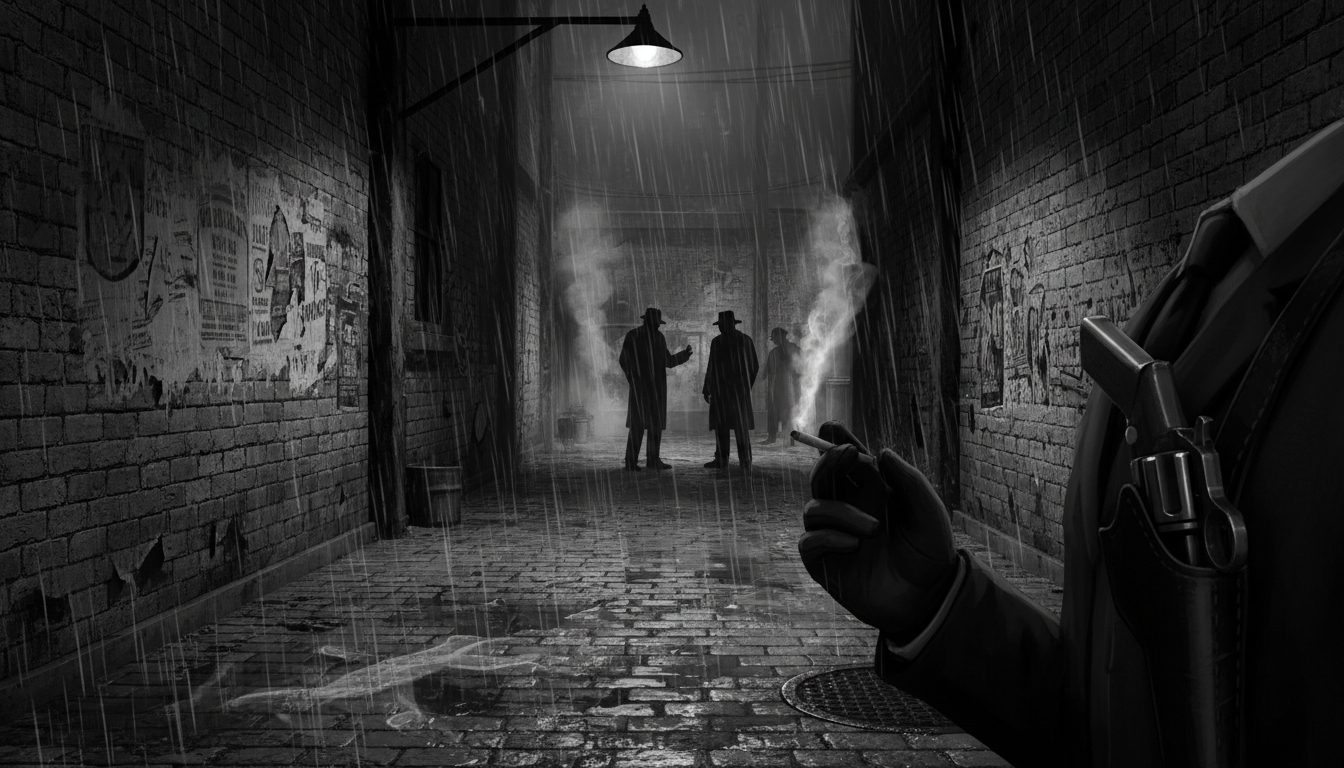 Grungy noir detective game concept art with hard shadows
