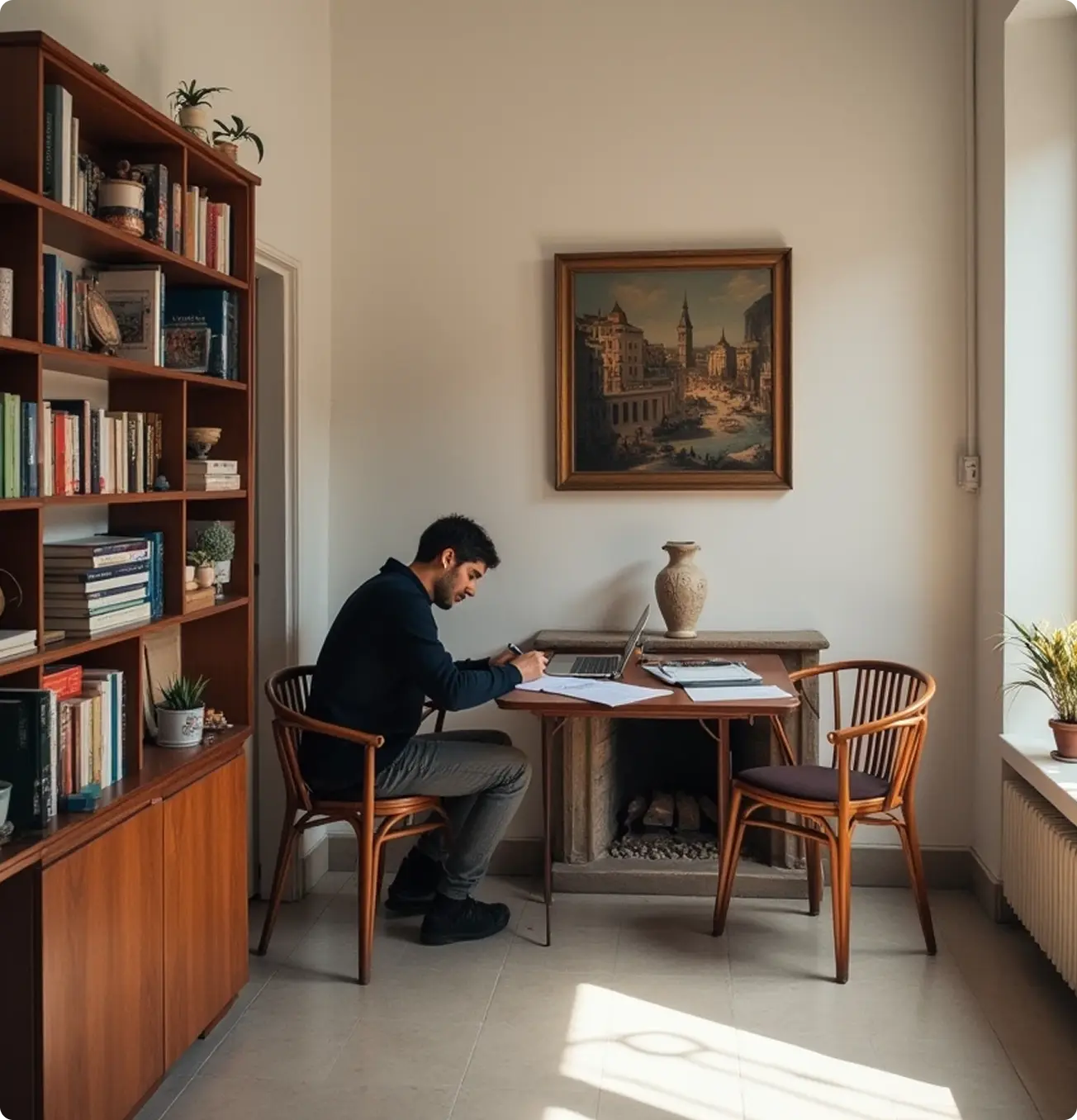 A man added into a sunlit study, seated at a desk and writing beside a laptop