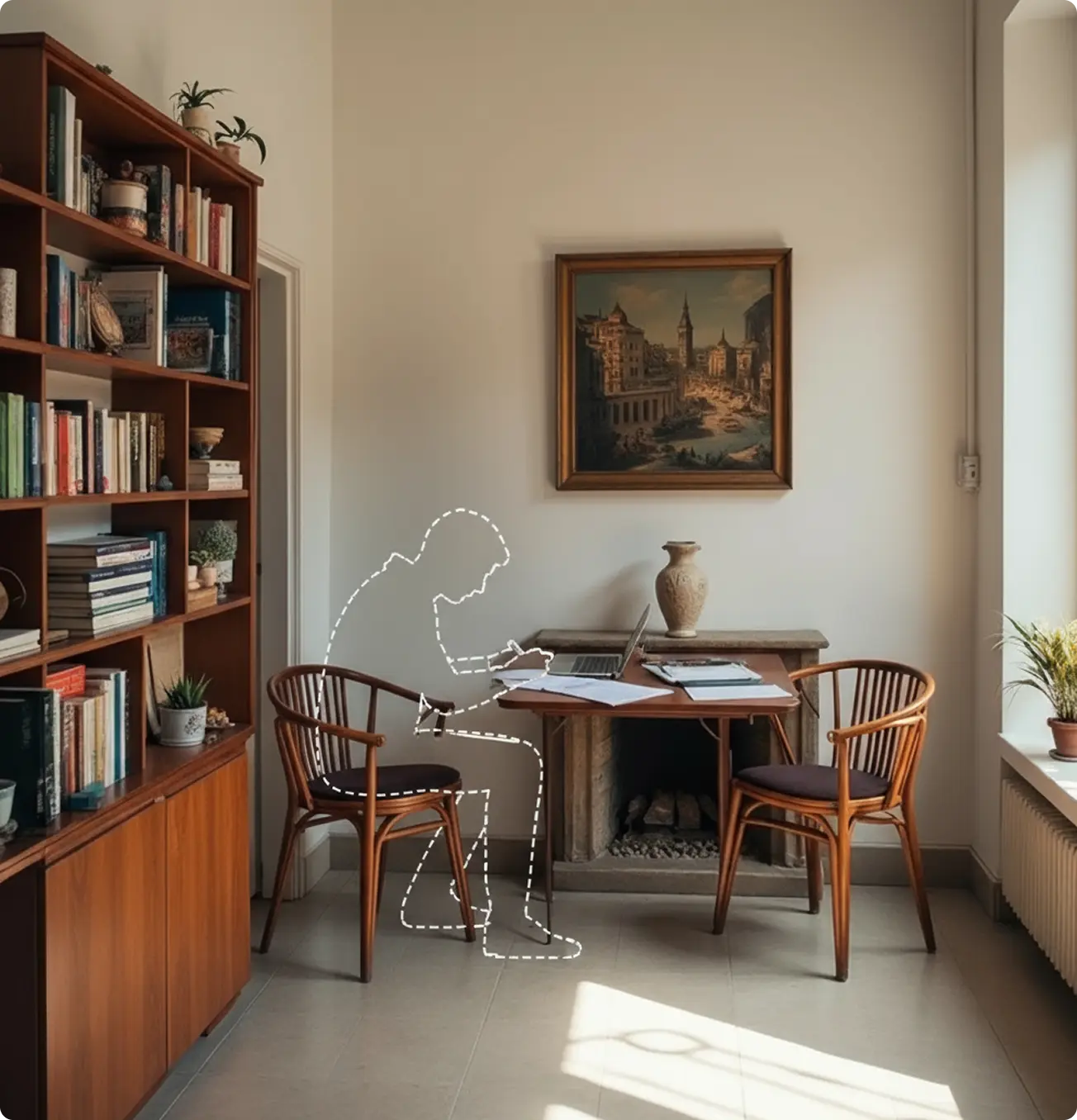 A sunlit study with a dashed outline marking where a person will be added at a desk