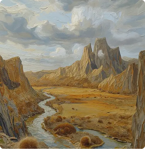Mountain valley transformed into a textured painterly landscape style