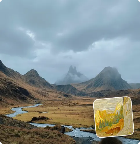Mountain valley landscape with a small painterly style reference thumbnail