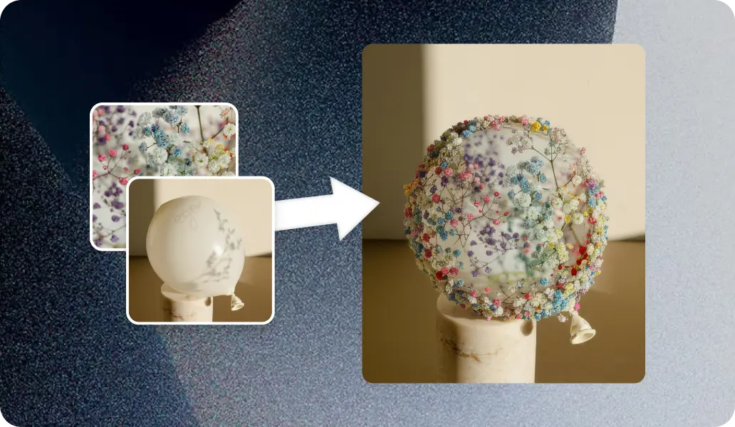 AI image editor example showing a floral reference texture applied to a product photo