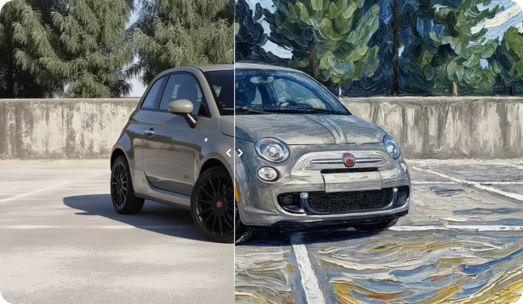 AI image editor showing style transfer from a regular photo to an artistic painting style