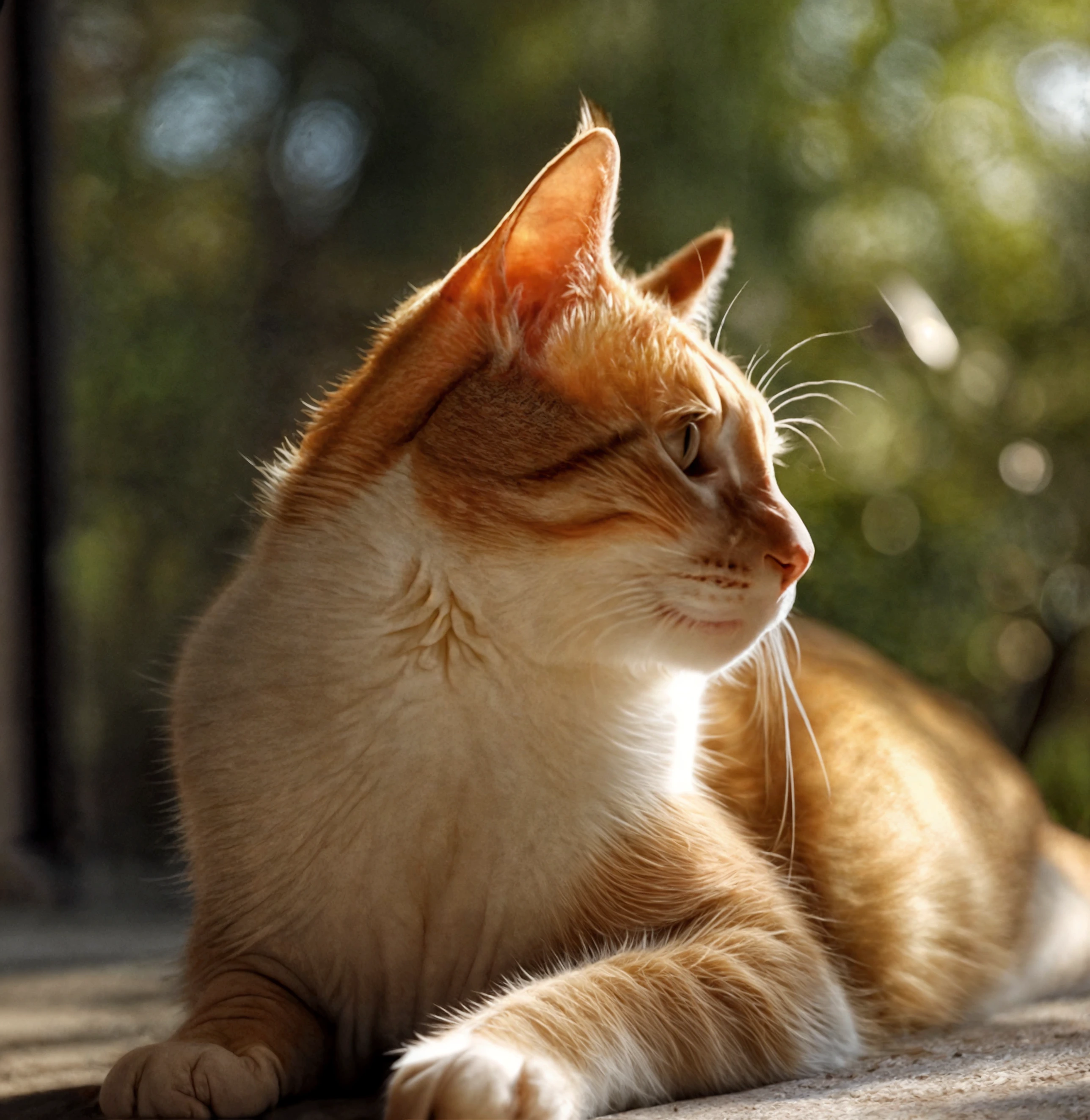 A pixelated image of an orange and white cat lying down, looking to the side, with blurred greenery in the background