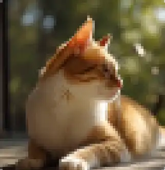 A pixelated image of an orange and white cat lying down, looking to the side, with blurred greenery in the background