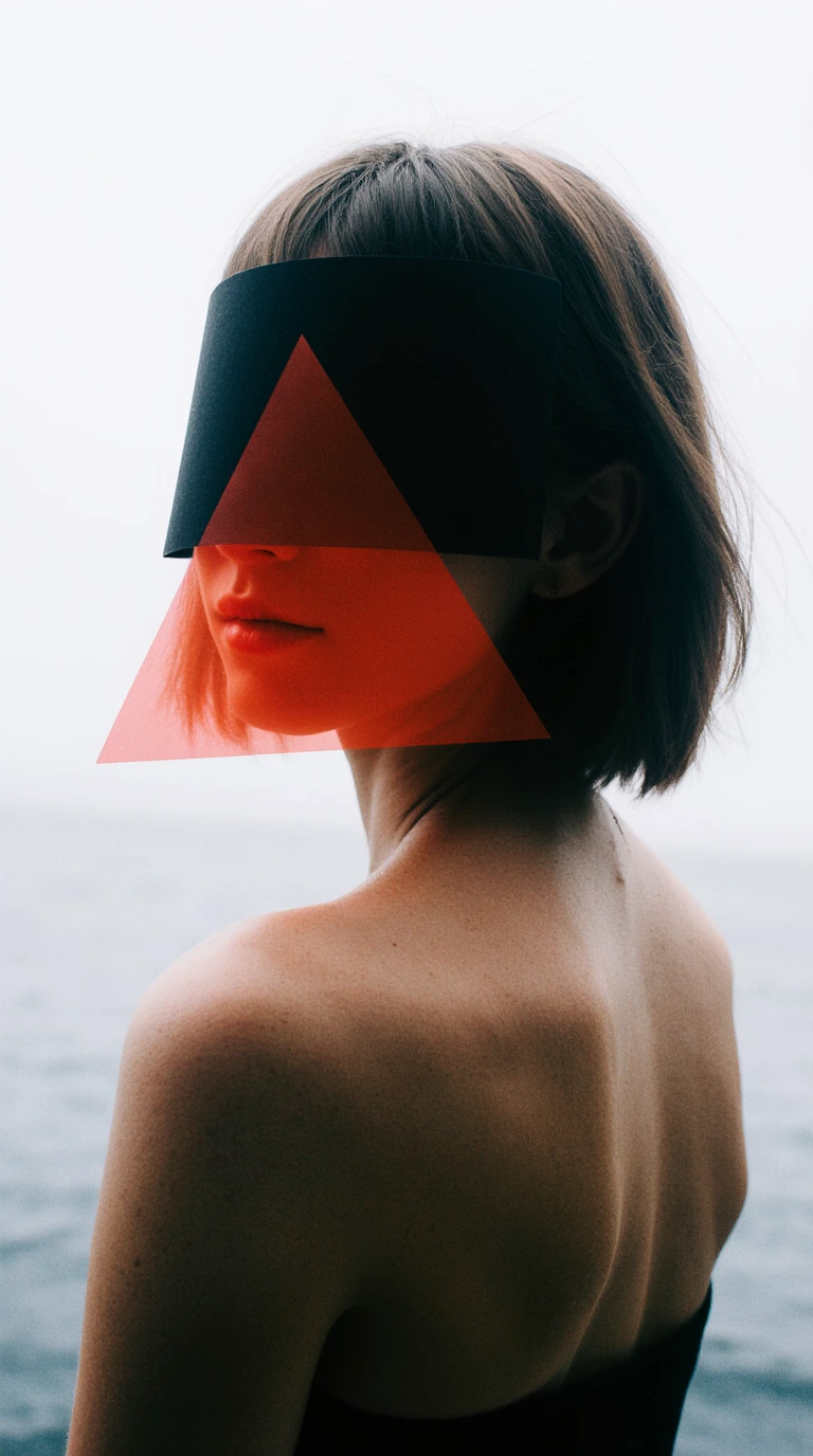 A fashion portrait by the sea with a black visor and translucent red geometric styling against a pale sky