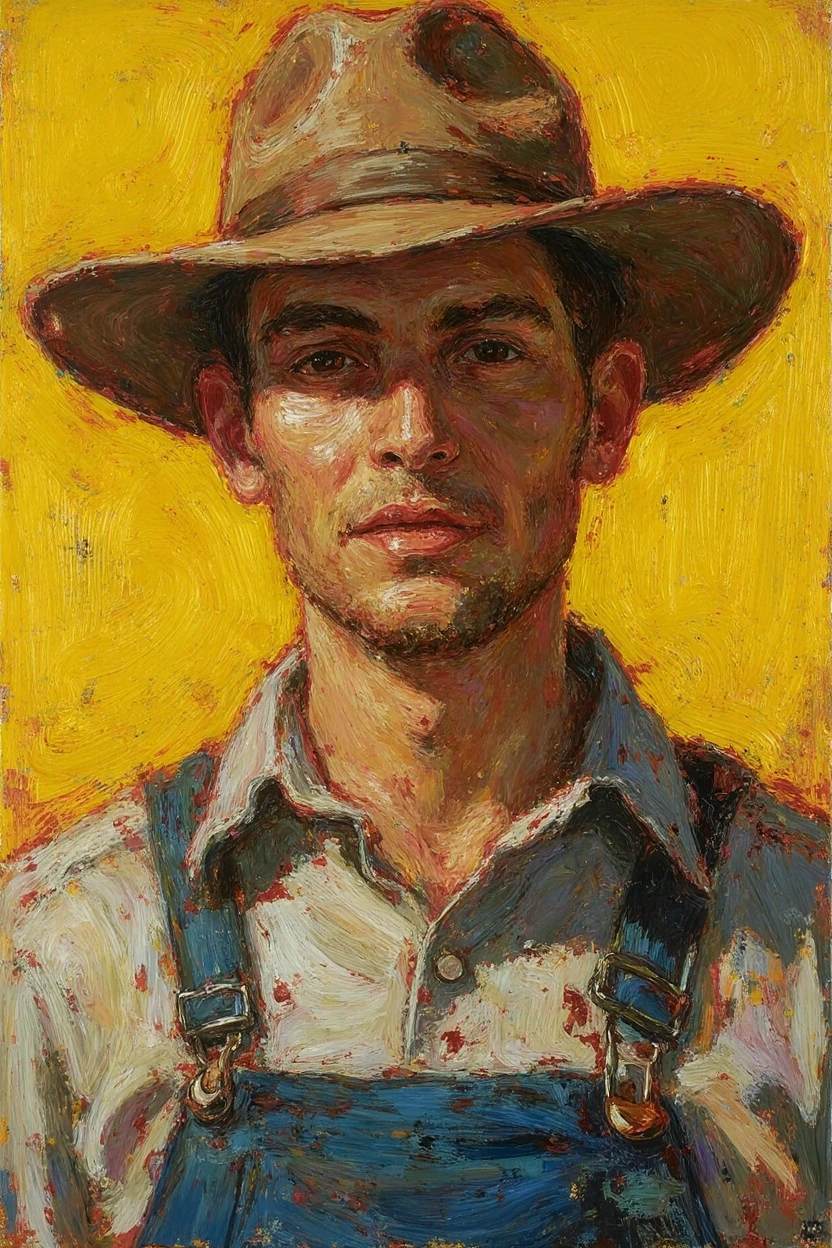 Oil painting portrait of a man in a wide-brimmed hat and overalls against a yellow background