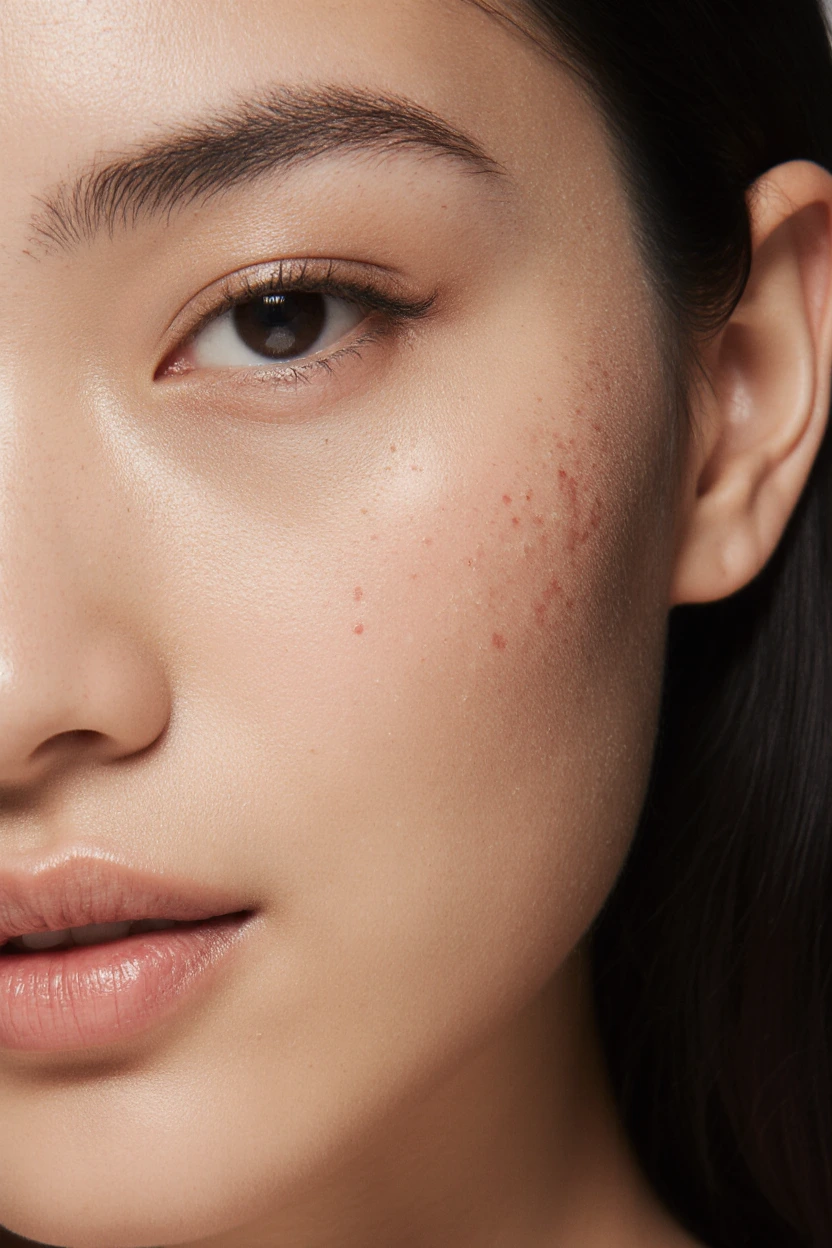 Close-up portrait showing natural skin texture and mild red blemishes on one cheek
