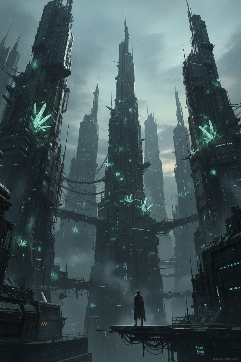 Gritty 3D AAA style rendering of an alien city