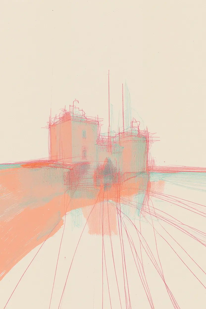 Minimalist sketch-style artwork of a building or castle-like structure in pastel peach and turquoise lines on a beige background. The drawing has loose, overlapping lines and a faintly abstract, architectural feel, with converging perspective lines leading toward the structure’s base, creating depth and motion