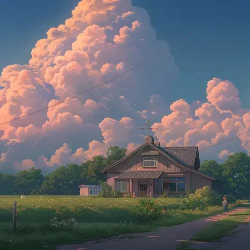 Peaceful countryside scene in soft anime style showing a wooden house with a slanted roof surrounded by lush green fields and trees. Large fluffy clouds glow with warm evening light against a deep blue sky, while a small shed sits in the distance and a narrow path leads past the house, evoking a calm, serene atmosphere