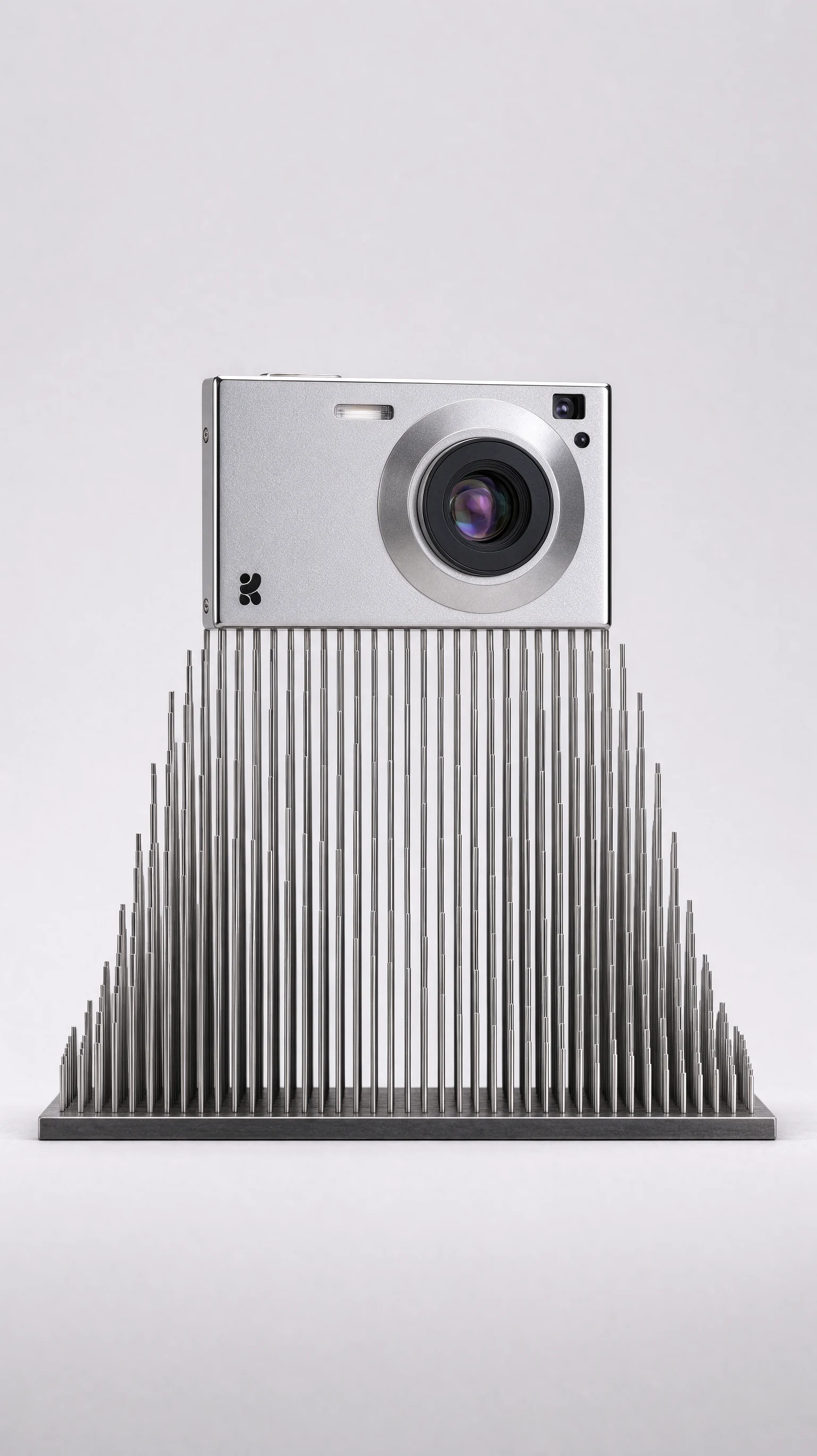 Silver camera on a ribbed plinth, created with Krea 3